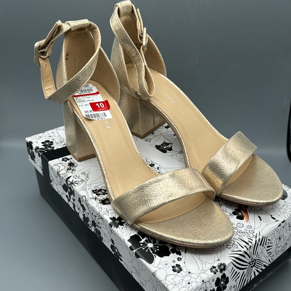 CL by Laundry Womens Jody Gold Block Heel Ankle Strap Slingback Sandals *